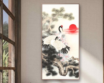 Pin and crane art, auspicious red-crowned crane painting, large vertical meticulous painting, archival print, handcrafted hanging scroll