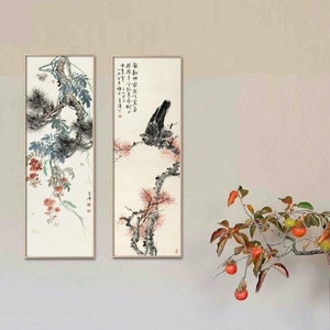 Bird and flower brush painting, unframed, Set of 2, long narrow vertical watercolor pine trees and birds, grasshopper and plants art