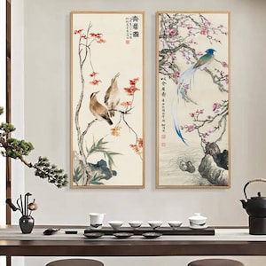 Rich and vibrant Chinese watercolor bird-and-flower painting, unframed prints, set of 2, Chinese hwamei and Maple, peach blossoms and bird