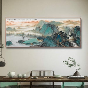 Large size horizontal Chinese Landscape Painting, green mountains and waters, Chinese fine art print, Shan shui art print, Fengshui art WG