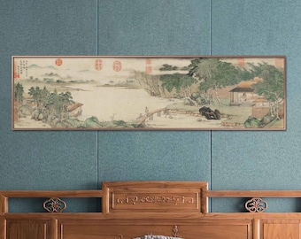 Retro style long narrow horizontal Chinese landscape painting art print, vintage wide Chinese shan shui art print, Qing Dynasty 清 上睿 携琴访友图