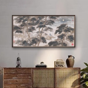 Listening To The Soughing Wind In The Pine Forest, Chinese pine brush painting, Shuimo painting, sumi e pine, giclee art print, 傅益瑤 老翁聽松