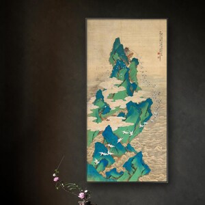 Clouds surround blue-green mountains and flying hundreds Chinese cranes art replica, antique Shan shui giclee print, silk hanging scroll