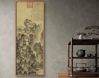 Chinese ancient literati painting, antique landscape art replica, mountains and steams, vertical narrow wall art, unframed silk print,