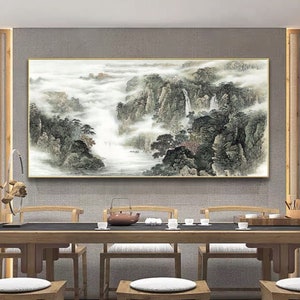 High resolution extra large horizontal background painting print, misty mountains and waters, warm bronze tone mountain fine art print