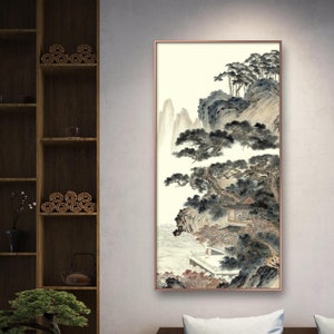 Pavilion Palace hidden in clouds shroud pine mountains, Lofty Shan shui art, Chinese landscape brush painting, giclee art print, 楊寶瑞 山居待客