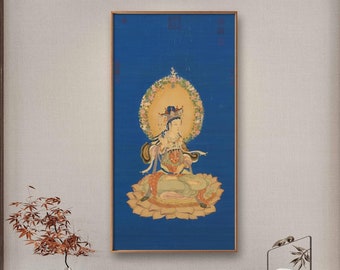 Portrait of Manjushri Bodhisattva on a Lotus Throne, Chinese Buddhist art, meticulous Wenshu portrait painting, archival print, silk scroll