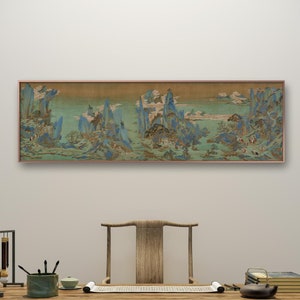 Sichuan Mountain landscape art, 仇英 蜀川佳丽, horizontal narrow Chinese antique meticulous landscape painting replica, retro style Shan shui art