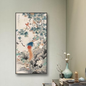 Phoenix and red-crowned cranes, auspicious Chinese bird-and-flower painting, vertical East Asian botanic brush painting, giclee art print