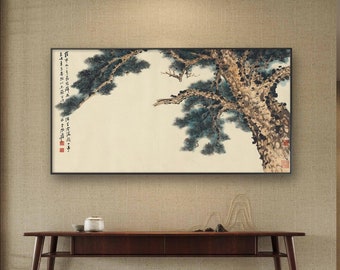 Pine tree brush painting, Zhang Daqian, Shuimo pine tree, ink wash pine, Xuan paper print, large horizontal Chinese pine tree wall art DQBT