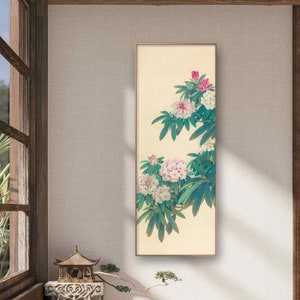 Large vertical pink oleander flowers wall art, oleander meticulous painting, Chinese Gongbi flower painting print, silk hanging scroll gift
