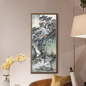 Chinese Traditional  landscape painting, vertical shan shui brush painting, giclee printing, vintage Chinese art, unframed, 30x71cm