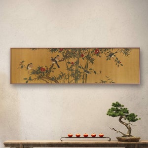 Chinese antique bamboo painting, high quality silk print, bird and flower meticulous painting, retro style horizontal narrow bamboo wall art