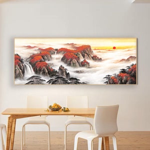 Sea of Clouds and Red Sun, Good fortune Feng shui Landscape painting, limited edition archival print, the warm hues of the sun shinning