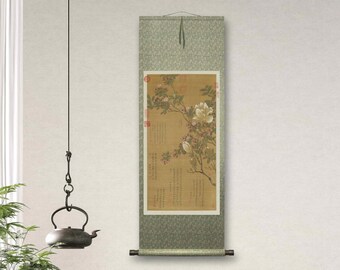 HaiTang and magnolia painting, Vintage retro Asian style wall hanging, silk print art replica, small size silk hanging scroll, handmade gif
