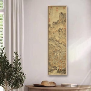 Vintage color mountain Peaks, warm color mountain landscape brush painting, Chinese fine art print, Shan shui art, silk hanging scroll