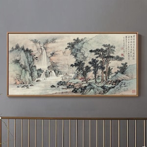 Horizontal mountains and rivers brush painting fine art print, Chinese Shan shui wall art décor, giclee print vintage art replica, 1898 山亭觀瀑