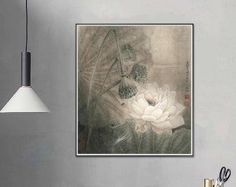 White Lotus Zen art, meticulous lotus painting, HD print, Silk print, Canvas print, Fine art print, vertical gray tones watercolor lotus art