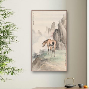 Horse painting wall art, high quality art print, Chinese vintage art, horse refine-brush painting, Asian watercolor horse art, 44x76 cm