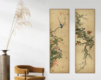Chinese garden fine-brush painting, set of 2, four seasons flowers and birds meticulous painting giclee print, handcrafted hanging scroll