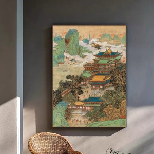Chinese Painting of the Fairyland of Penglai, Chinese landscape painting, palace pavilion, silk print, handcrafted hanging scroll, 蓬莱仙境