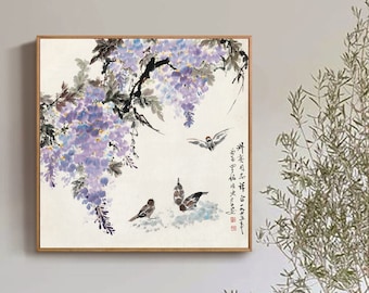 Wisteria and Sparrow (1912-1998), Chinese bird-and-flower painting fine art print, East Asian botanic wall art décor, unframed giclee print