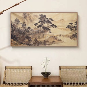 Vintage retro Chinese ancient literati painting, traditional landscape art, ink on Xuan paper, limited edition archival print, horizontal