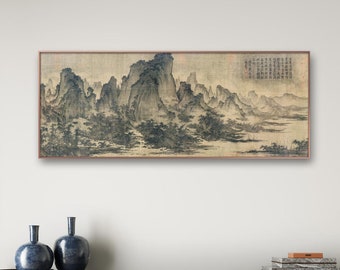Chinese antique landscape painting replica, East Asian retro miles mountain art, horizontal wide Shanshui painting print on silk, 北宋 屈鼎 夏山图