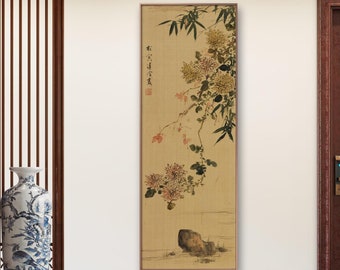 Bamboo and chrysanthemum brush painting replica, East Asian Antique meticulous botanic art print, vertical narrow Chinese art print 清 溥佺 竹菊图