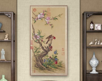 Chinese antique meticulous flowers and birds painting art print, East Asian bird-and-flower art print, Giuseppe Castiglione 郎世寧