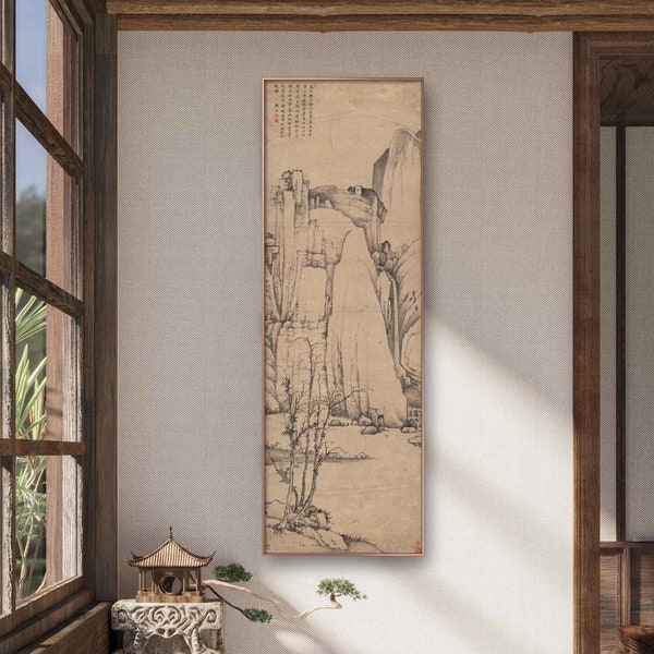 Extra large vertical Chinese antique landscape art print, mountains ink brush painting, retro style large vertical narrow wall art 清 弘仁 長林逍遙