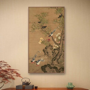 Osmanthus, Chrysanthemum flowers and birds, East Asian art, Chinese meticulous painting fine art print, retro style wall hanging 明 吕纪 桂菊山禽