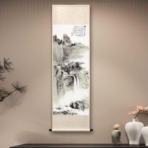 Handcrafted Chinese silk hanging scroll, East Asian minimal art, black and white ink wash landscape painting replica, Zhang Daqian, DQSH