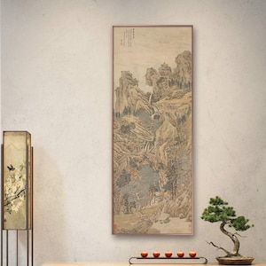Playing  music in the mountains, vertical Chinese wall art, Chinese antique landscape painting fine art print, 13h Century 明 文徵明 幽壑鸣琴