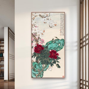 Chinese meticulous bird and flower painting wall art, white magnolia and red peony brush painting replica, Chinese silk hanging scroll, FA