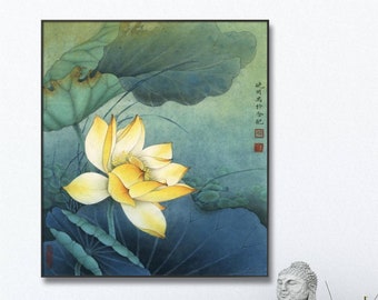 Chinese fine art print, gold yellow lotus blossom meticulous painting, unframed HD print, silk print, Canvas print, fine art paper print