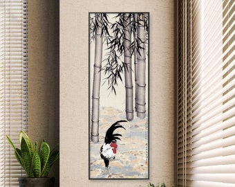 Chinese Rooster painting, Xu Beihong, chicken brush painting giclee print, bamboo fine art print, vertical minimal botanic wall art, BH