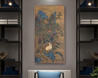 Chrysanthemum, Osmanthus fragrans, rabbits, East Asian meticulous bunnies painting, Chinese fine art print, antique painting silk replica