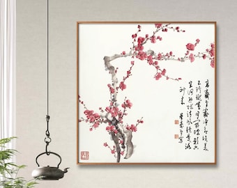 Red Plum Blossom Announcing Spring, ink brush painting, ink wash plum blossoms painting, Square plum flower painting, archival print