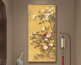 Chinese antique botanic painting, peony, magnolia Chinese garden, fine art silk print, meticulous painting, large vatical scroll hanging