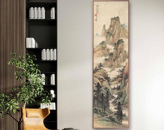 Chinese retro style Shan Shui wall hanging, silk hanging scroll, Long vertical narrow antique landscape painting giclee print fine art print