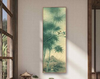 May include: A vertical painting of a bamboo forest with two birds perched on a branch. The painting is done in a traditional Chinese style with muted green and brown tones. The painting is framed in a simple brown frame.
