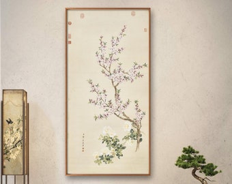 Peach Blossoms with roses flowers, vertical Chinese silk Hanging Scroll wall art, bird and flower painting, giclee art print on art silk