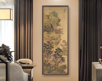 Tall pine tree and Peach blossoms mountain art, vertical narrow East Asian wall art, Chinese antique landscape painting replica, silk print