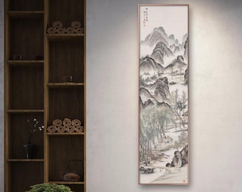 Light gray high mountains and tall trees, Chinese brush Painting replica, vertical narrow Chinese landscape art replica, silk hanging scroll