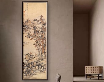 Sitting in Shan shui, tall trees and meandering stream, Chinese antique landscape painting replica, silk print, vertical narrow wall art