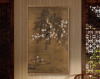 Chinese antique bird-and-flower art replica, ducks in the shade of peach blossoms, spring time Chinese garden art, botanic hanging scroll