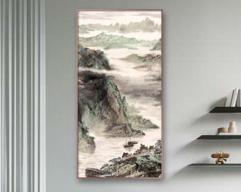 Gorge River Boat Song, vertical mountain art, East Asian wall décor, giclee art print, ink wash painting, Chinese brush painting 郜宗遠 峽江船歌