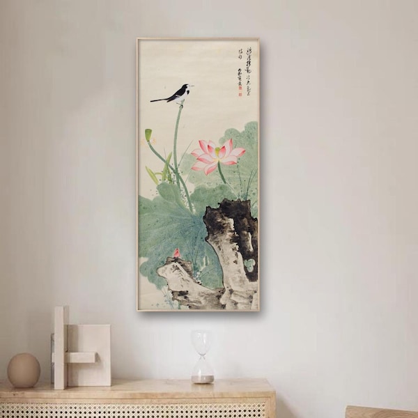 Lotus art, by Xie Zhiliu, vertical silk hanging scroll, handcrafted Chinese gift, lotus brush painting, fine art print, xieyi botanic art