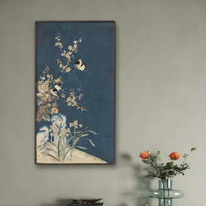 Antique Chinese bird and flower art, giclee silk print, Embroidered art, printed reproductions, Four Joys of Spring, silk hanging scroll